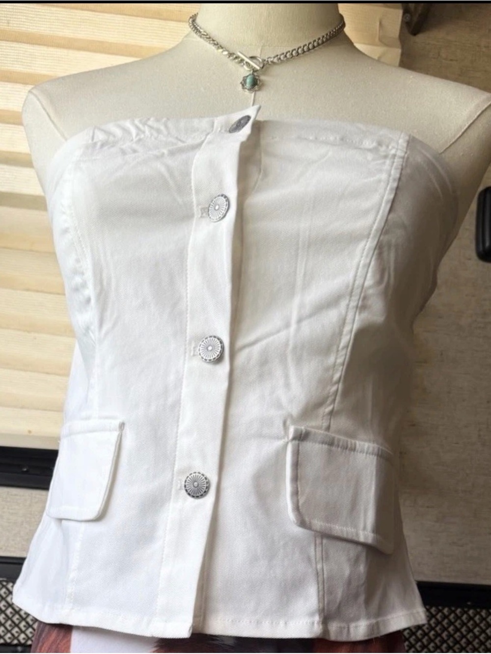 Lucky & Blessed White Strapless Button-Front Crop Top